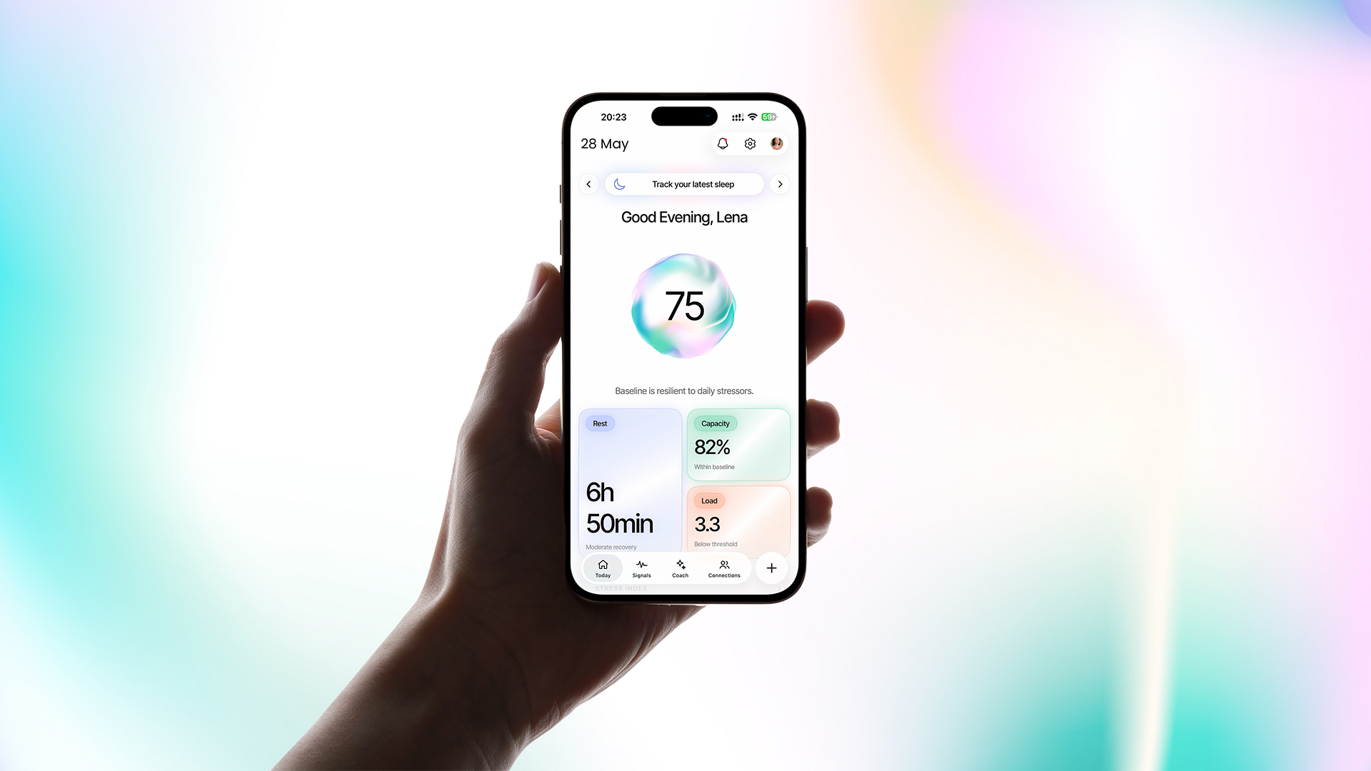 HaloScape app dashboard showing a daily score of 75 with rest, capacity and load readings